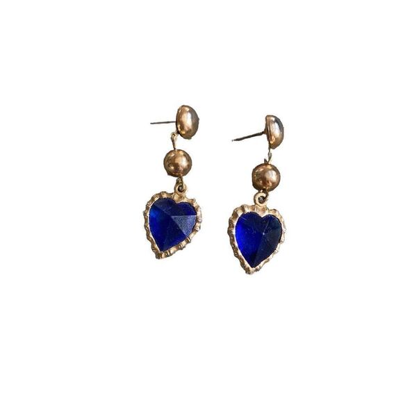 Vintage Earrings Dangle Heart Gold Tone 1980s Blue Rhinestone Hearts 1.5 Inches - Picture 1 of 5